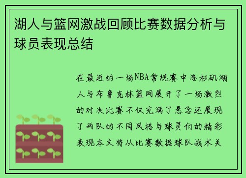 湖人与篮网激战回顾比赛数据分析与球员表现总结